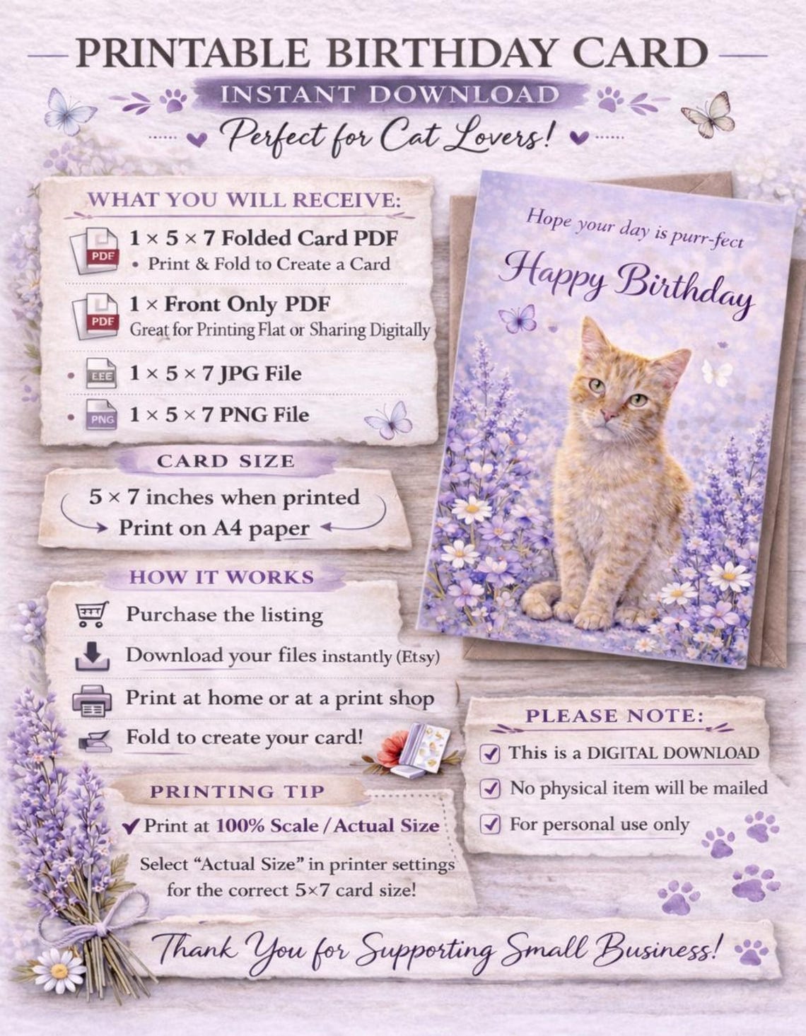 Cat Birthday Card Printable, Cute Cat Lover Birthday Card, Funny Purr ...