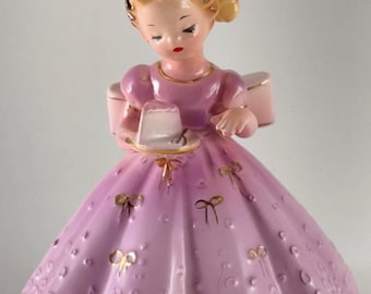 Vintage Josef Originals Birthday Party Girl Pink Dress- Plate Cake & Fork, Rare!
