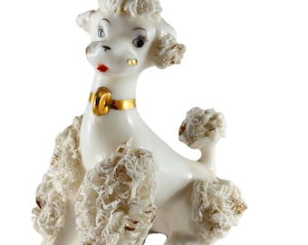 Vintage Spaghetti Poodle Dog White Porcelain 1950s Gold Highlights KB 80204N