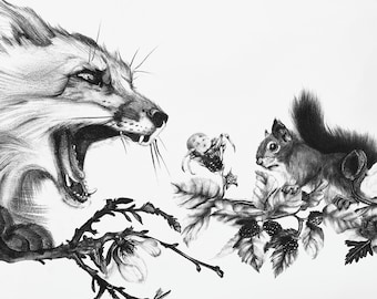 Peut inclure: Un dessin au graphite en noir et blanc sur papier représentant un renard la gueule ouverte face à un écureuil perché sur une branche. La scène comprend des éléments botaniques détaillés comme des feuilles et des fleurs entourant les animaux.