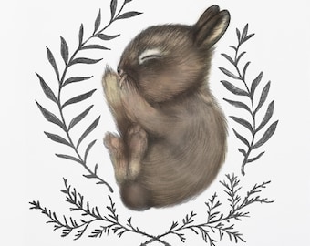 Sleeping Baby Bunny Print Watercolor Woodland Nursery Art