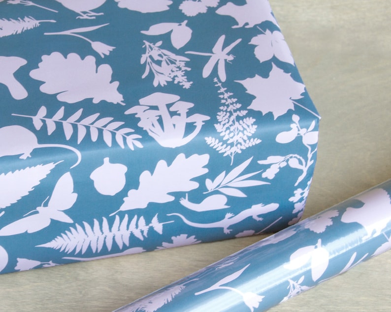 Botanical Wrapping Paper In the Woods Wrap Slate Blue and Pink Yellow and White 3 Sheets