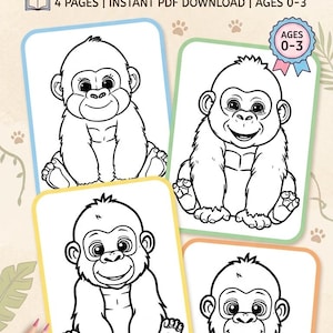 May include: A digital coloring book titled CUTIE MONKEY COLORING BOOK featuring 4 pages for ages 0-3. The cover displays four distinct black and white line art illustrations of a smiling monkey, each framed in a different pastel color border.