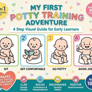 Pode incluir: Um conjunto educativo colorido intitulado "My First Potty Training Adventure" com um guia visual de 4 passos para os mais pequenos. O conjunto inclui ilustrações de bebés numa sanita, com textos como "Sit" e "Good Job!".