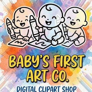 May include: A colorful digital art print featuring three smiling baby illustrations with crayons, drawing on paper. The text "BABY'S FIRST ART CO." is displayed in yellow, with additional text below. Watercolor background.