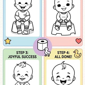 May include: A four-page potty training guide for toddlers, featuring illustrations of babies on a potty. Each page has a step: sitting, relaxing, joyful success, and all done. Text includes "Toddler Potty Training: 4 Pages!" and "Educational Activity Pages | Ages 0-3".