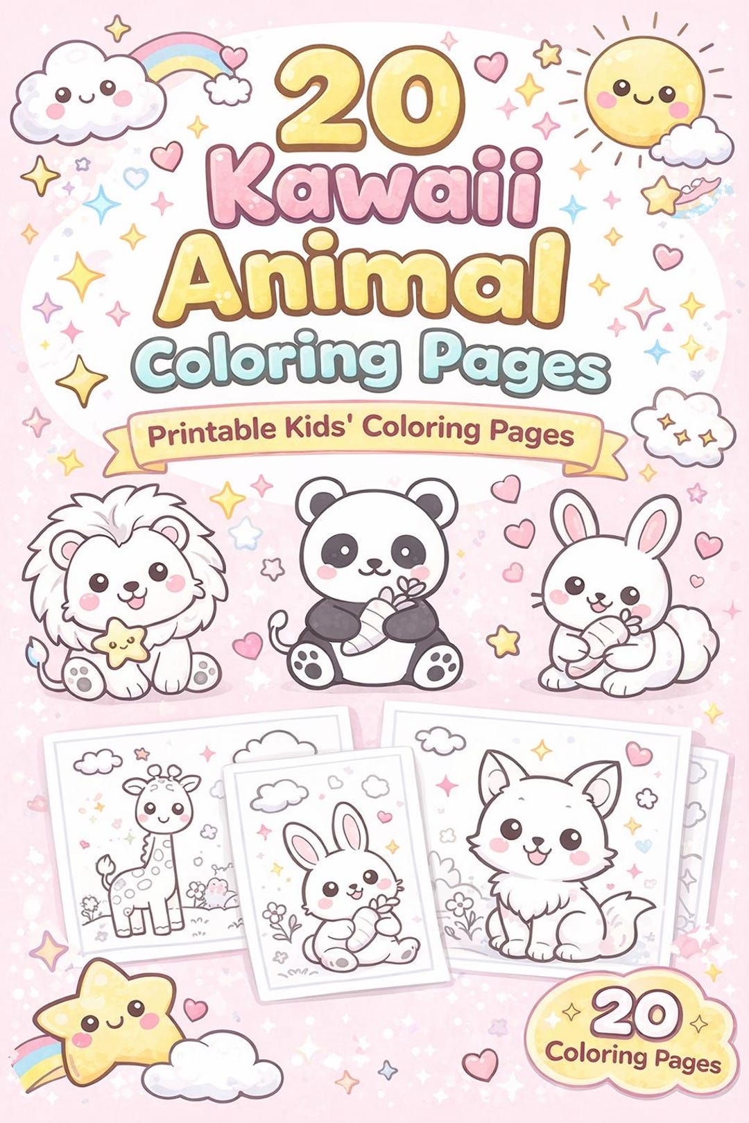 20 Kawaii Animal Coloring Pages for Kids – Printable PDF (instant ...
