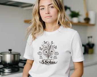 Camiseta Mujer Cristiana "5 Solas" Español | Regalo Teología Reformada | Ropa Evangélica Suave y Duradera