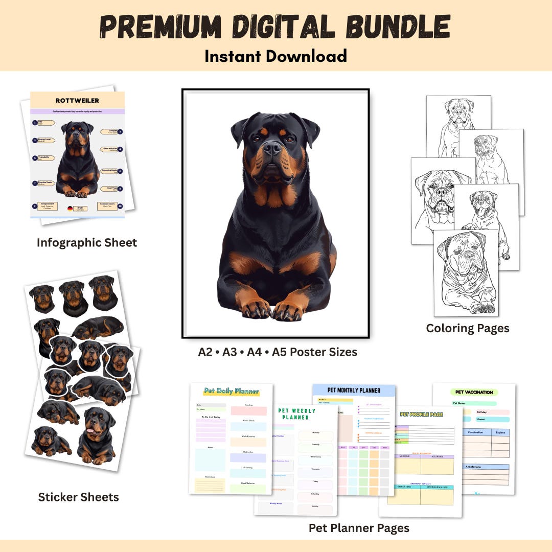 Rottweiler Realistic Poster Printable Bundle, Planner, Coloring Pages ...