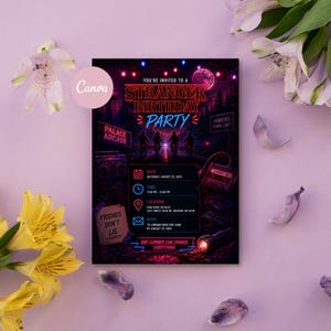 May include: A rectangular birthday party invitation card featuring a dark, neon-lit theme with silhouettes of four people on bicycles, a cassette player, a flashlight, and text including Stranger Birthday Party, Palace Arcade, and Friends Don't Lie.