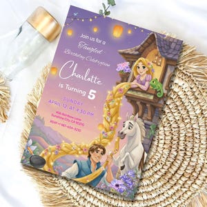 May include: A purple invitation with the text "Join us for a Tangled Birthday Celebration" and "Charlotte is Turning 5". The invitation features illustrations of Rapunzel, a horse, and a man. The date and time are also included.