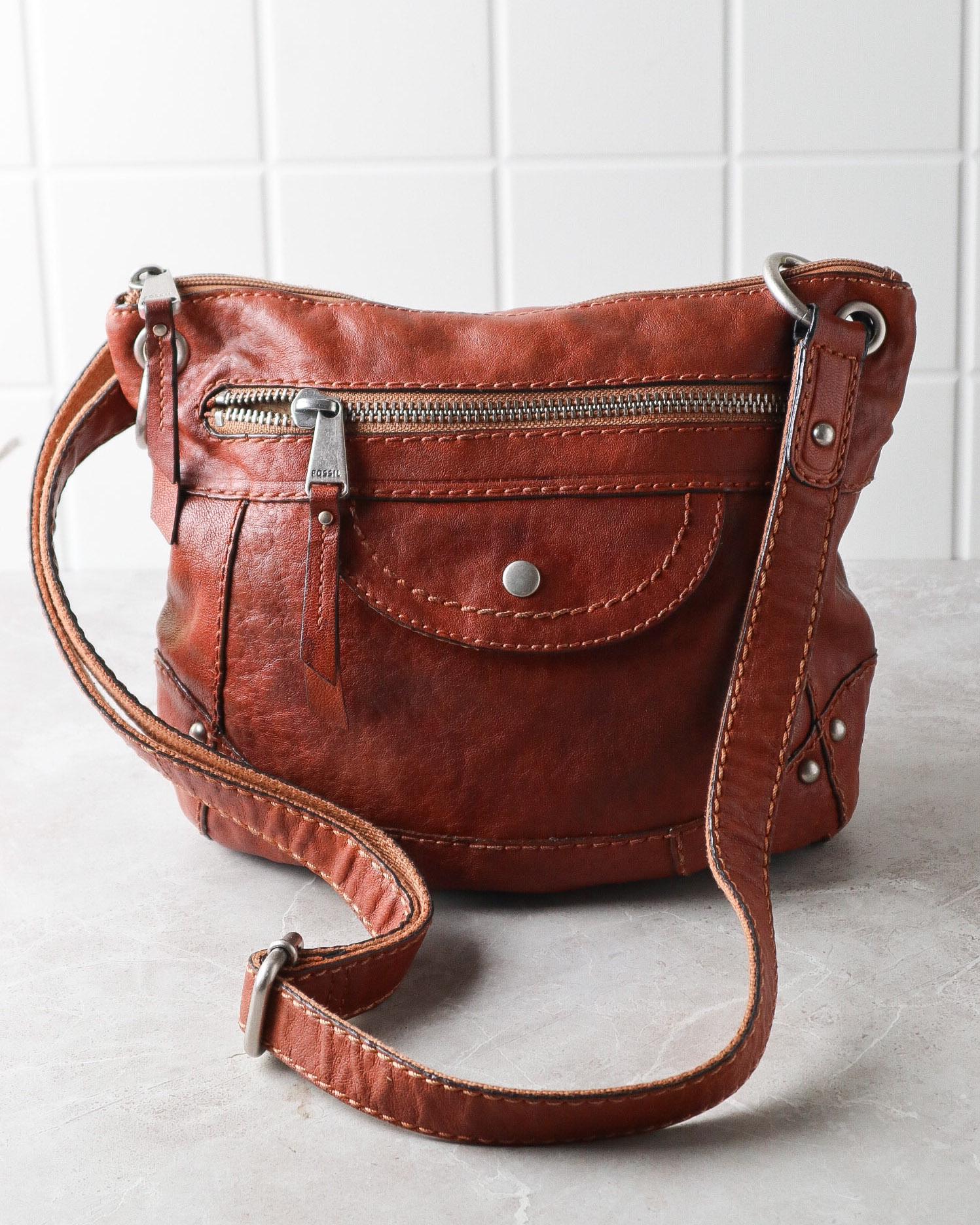 希少デザイン FOSSIL フォッシル レザー バッグ ハンドルチェーン 