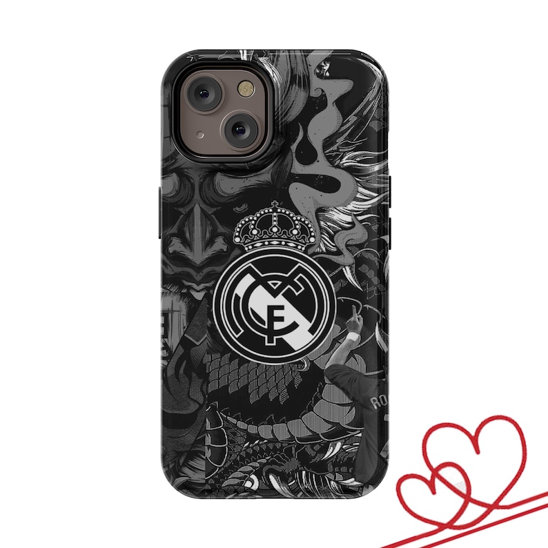 May include: Black and gray phone case featuring the Real Madrid logo, a crown, and a detailed graphic design. The case is designed to fit a smartphone and offers protection with a stylish look.