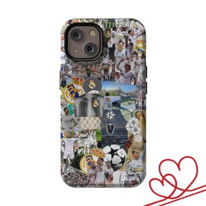 May include: A phone case featuring a collage of images related to a soccer team. The design includes team logos, players in action, and championship trophies. The case has a glossy finish and a black camera cutout.
