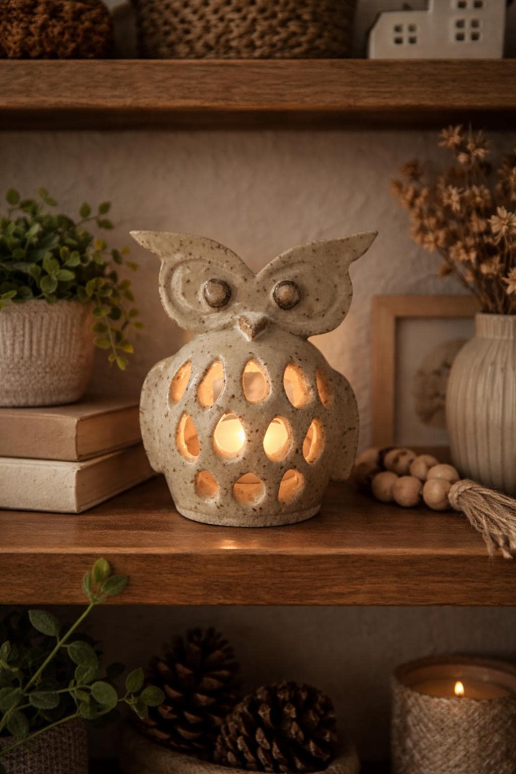 Speckled Clay Owl Tealight Holder with Clear Glaze