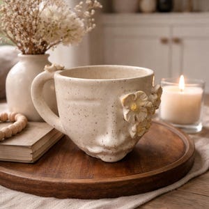 May include: A speckled ceramic mug with a face design and floral accents. The mug sits on a wooden tray with a book, vase of flowers, and a lit candle. The mug has a handle and is beige in color.