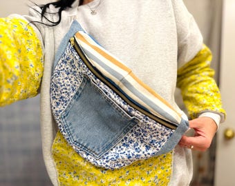 Upcycled Vintage Quilt Bum Bag Jean Pocket / Crossbody bag: Handmade