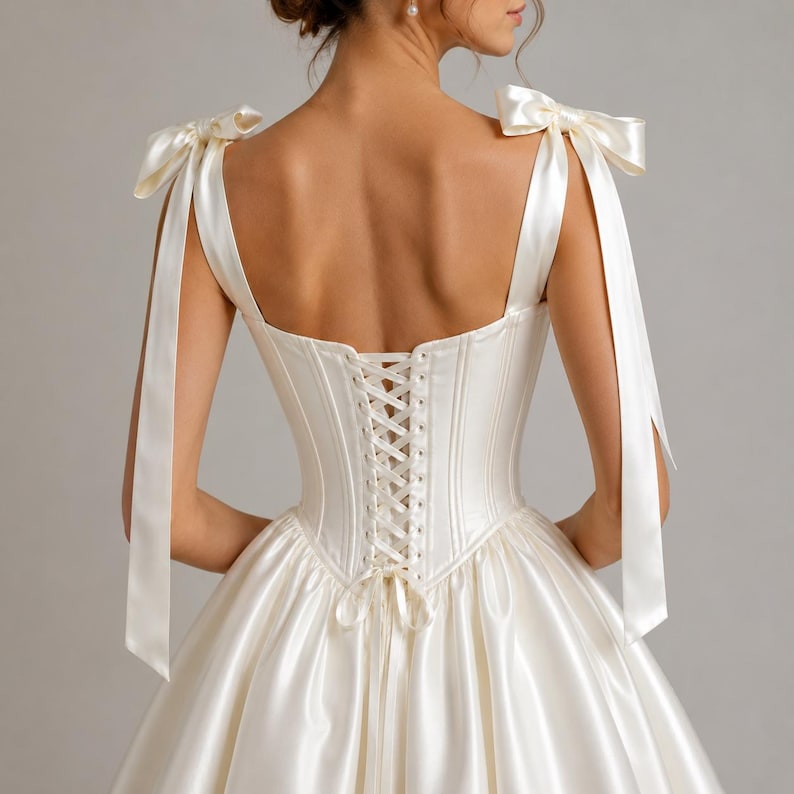 Cute ivory mini dress with fitted corset bodice and satin ribbon bows, luxury feminine party outfit in studio lighting.