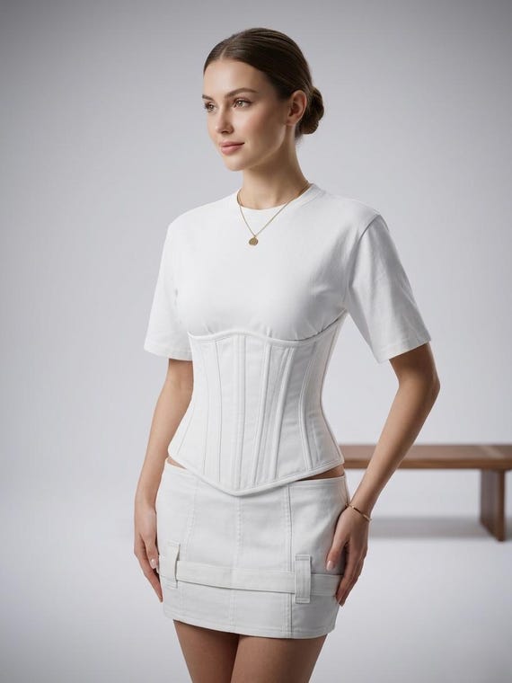 corset over t shirt dress White T-shirt Skirt Set, Structured Waist Outfit, Minimalist Two-piece Size:20 - Bust 44