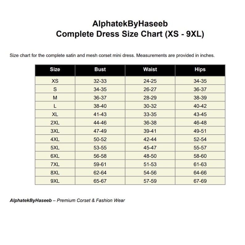 Size chart XS-9XL