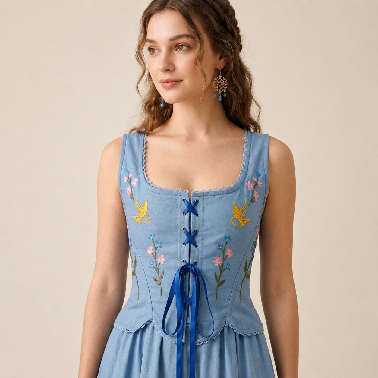 Embroidered Corset Top: Floral Bird Lace-Up Bodice