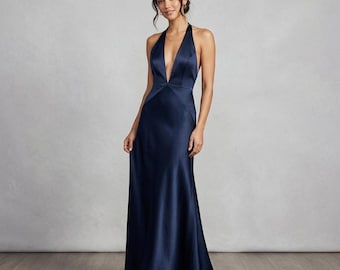 Paloma Navy Satin Halter V-neck Gown, Formal Prom Dress, Wedding Guest Gown