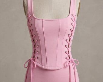 Blush Pink Lace-Up Corset Top, Structured Boned Bustier, Feminine Summer Outfit