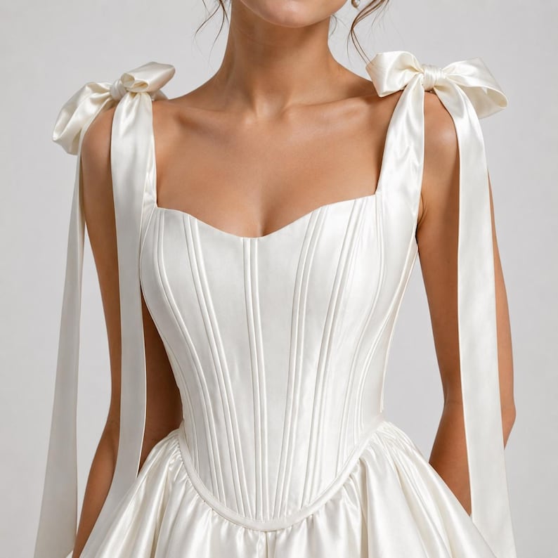 White satin corset dress for women featuring structured boning, square neckline, bow straps, and voluminous short skirt.