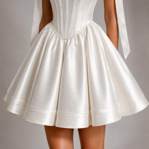 Satin bow shoulder mini dress with corset top and puffed skater skirt, chic bridal shower and birthday outfit style.