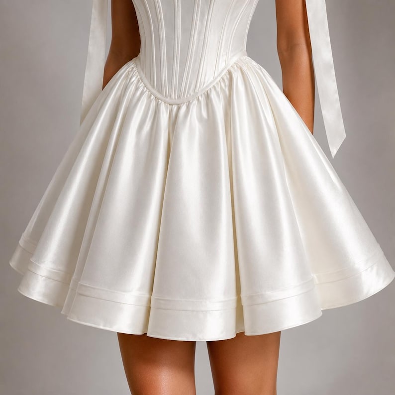 Satin bow shoulder mini dress with corset top and puffed skater skirt, chic bridal shower and birthday outfit style.