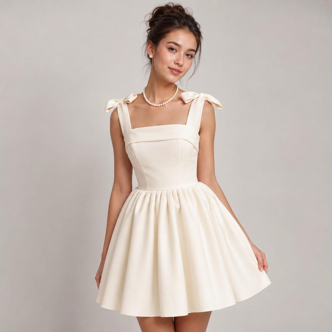 ivory satin corset mini dress Dress, Bow Strap Fit and Flare, Coquette Bridal Shower Outfit shoulder detail adds a Size:Coat Size 48 Amity mde26 Black Embellished V-Neck Gown