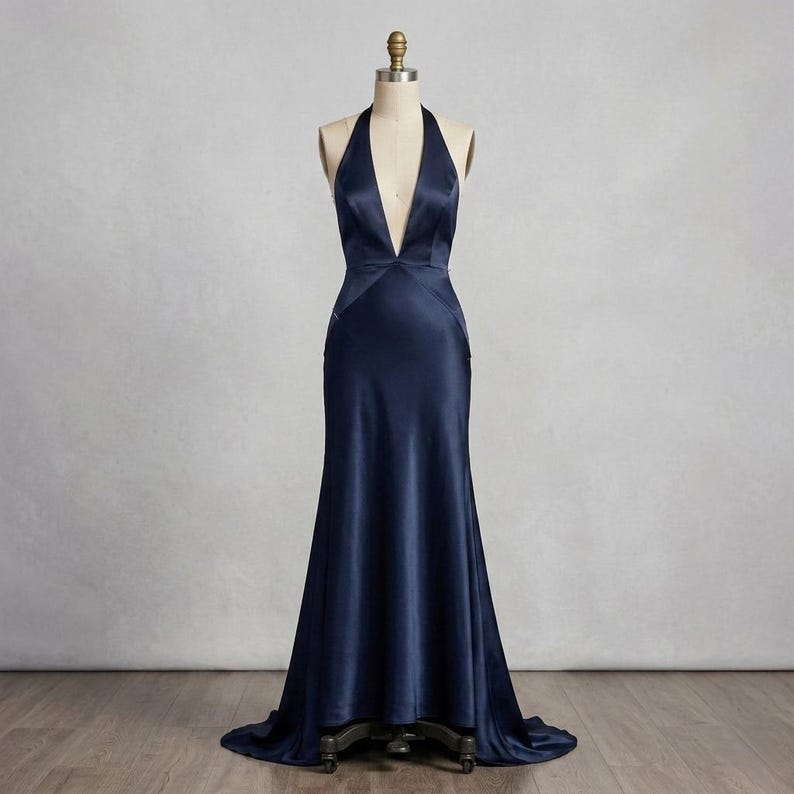 Elegant navy satin evening gown featuring a halter neckline, plunging V front, tailored bodice, and flowing full-length silhouette. Soft satin material adds a refined shine.