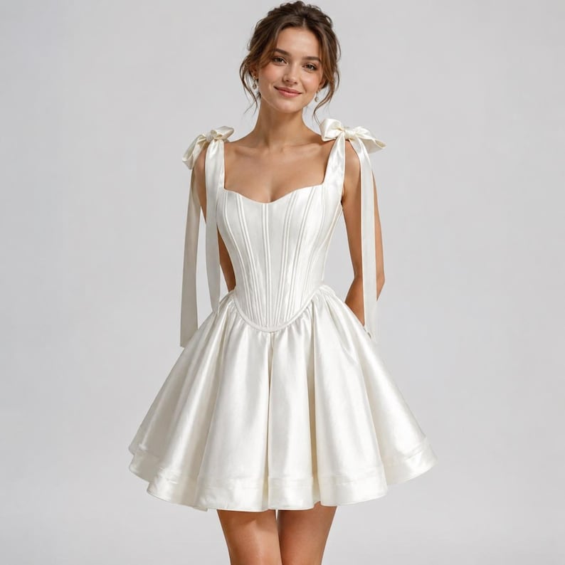 Ivory satin corset mini dress with oversized shoulder bows and flared skater skirt, elegant bridal inspired fashion photoshoot.