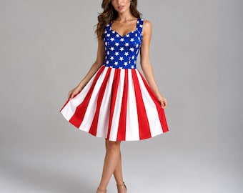 Vestido midi de satén con estrellas y rayas, escote corazón, corsé con cordones en la espalda, silueta retro swing.