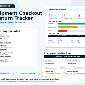 May include: Digital download of an equipment checkout and return tracker template for Excel and Google Sheets. The design includes a dashboard preview, checkout log, and printable sign-out form. The template is designed for small businesses, schools, and offices.