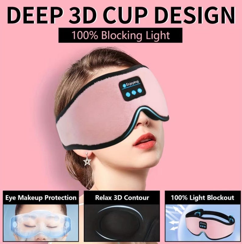 May include: A pink eye mask with a black trim and the text "Enjoying" and "DEEP 3D CUP DESIGN 100% Blocking Light". The mask is designed for eye makeup protection, 3D contour relaxation, and 100% light blackout.