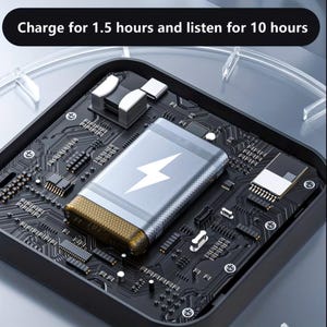 May include: A silver and gold power bank with a white lightning bolt symbol, resting on a black circuit board. The text at the top reads, "Charge for 1.5 hours and listen for 10 hours."
