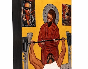 Christian Gym Wall Art | Jesus Spotter Bench Press Icon | Funny Religious Gym Decor | Fitness Meme Plaque | Workout Room Wall Decor