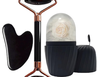 Luxus Obsidian Face Roller Set | Gua Sha Gesichtsmassage-Tool | Self Care Spa Geschenkset