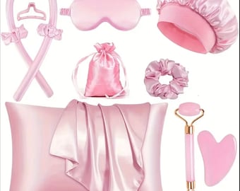 Pink Satin Sleep Beauty Set | Silk Hair Curler & Sleep Mask | Heatless Curling Rod Kit | Self Care Gift for Women