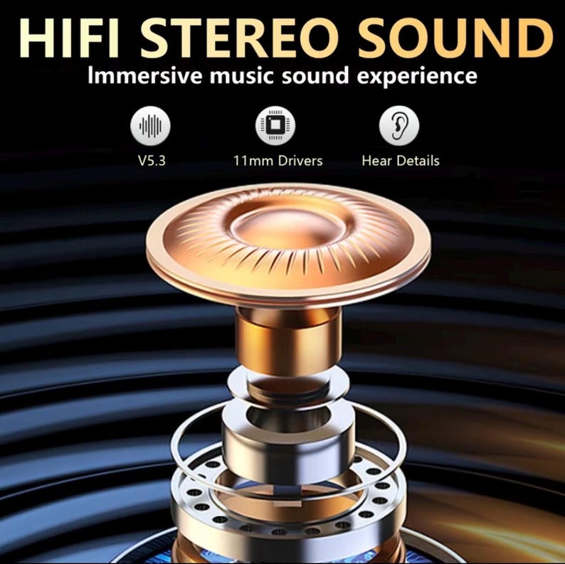 May include: Close-up of a gold and silver earbud with the text "HiFi Stereo Sound" and "Immersive music sound experience". The image also includes the text "V5.3", "11mm Drivers", and "Hear Details".