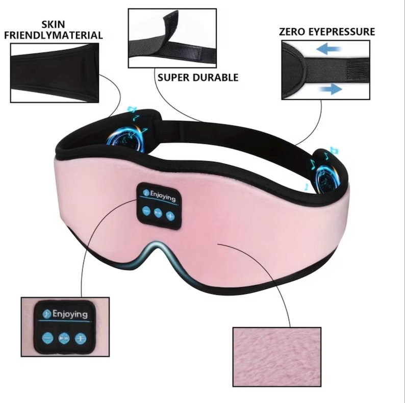 May include: A pink and black sleep mask with the text "Enjoying" and control buttons. The mask has a soft, skin-friendly material and is designed for zero eye pressure. The adjustable strap is super durable.