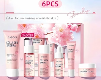 Mini set de cuidado facial Collagen Sakura / Set de regalo de belleza hidratante de 6 piezas / Rutina de limpiador facial, tónico, sérum y crema