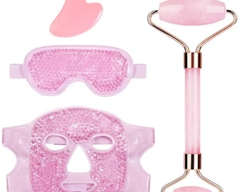 Pink Skincare Gift Set – Face Roller, Gua Sha & Cooling Spa Masks