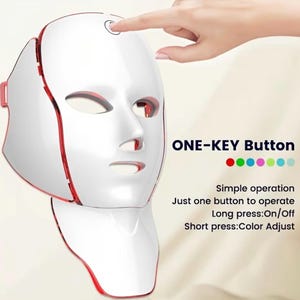 K&ouml;nnte beinhalten: Eine wei&szlig;e LED-Lichttherapiemaske mit roten Akzenten und einem einzigen Knopf. Die Maske hat &Ouml;ffnungen f&uuml;r Augen, Nase und Mund. Der Text auf dem Bild lautet "ONE-KEY Button" und "Simple operation".