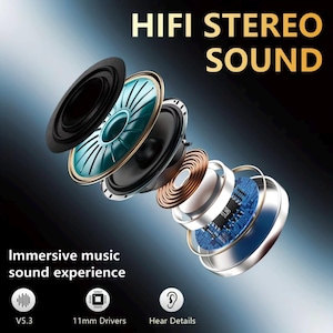 May include: An exploded view of a HiFi stereo sound earbud, showcasing its internal components. The image highlights the 11mm drivers, V5.3 technology, and the ability to hear details. Text reads "Immersive music sound experience."