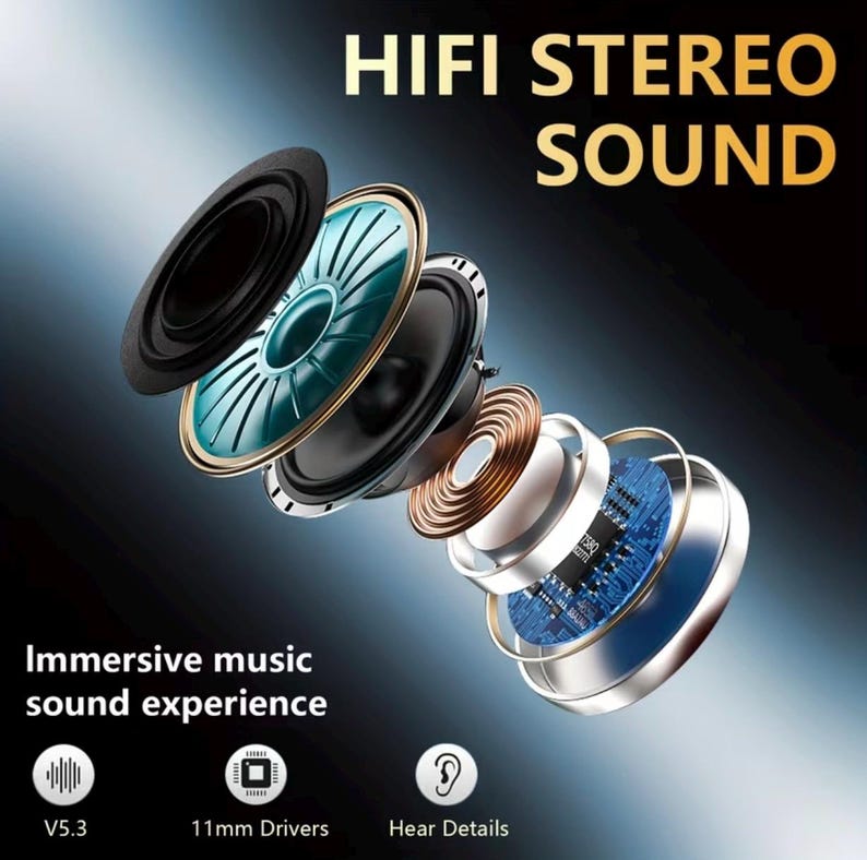 May include: An exploded view of a HiFi stereo sound earbud, showcasing its internal components. The image highlights the 11mm drivers, V5.3 technology, and the ability to hear details. Text reads "Immersive music sound experience."