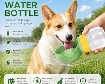 Botella de agua portátil para perros, bebedero de viaje a prueba de fugas para mascotas.
