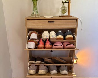 Rattan Shoe Cabinet with Flip Drawers | Shoe Holder | Shoe Organizer | Shoe Storage | Rustic Shoe Cabinet | Shoe Cubby | Entryway Organizer
