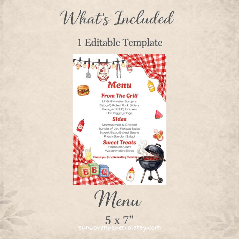 Baby-q Menu Sign, BBQ Baby Shower 5x7 Printable Menu, Red Gingham ...